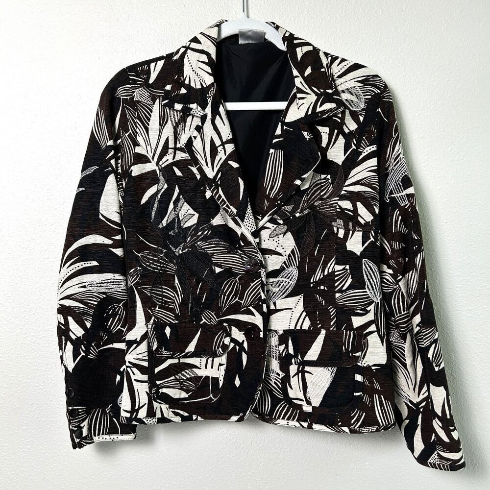 Chicos Jacket Blazer Womens Size 0 S Brown Cream Tropical Floral Silk Button